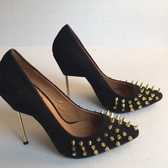Penny Sue Black Faux Suede Shoe with Gold Spikes & Metallic 4.5 inch Heel - Picture 4 of 13